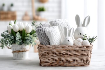 Wicker basket filled with soft towels and white ceramic Easter bunnies sits on a wooden table next to a pot of white tulips.