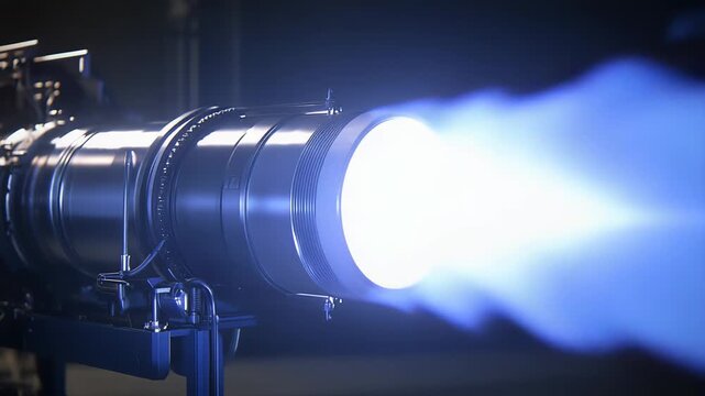 Jet engine turbine creating a powerful blue flame, illustrating concepts of propulsion, speed, and advanced aerospace engineering in a high tech environment