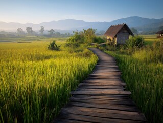 Obraz premium Picturesque wooden pathway gracefully winds through lush green rice paddies towards a charming traditional hut in morning light.