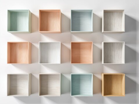 Colorful empty square wooden box shelves mounted on a clean white wall with soft natural light and shadows.