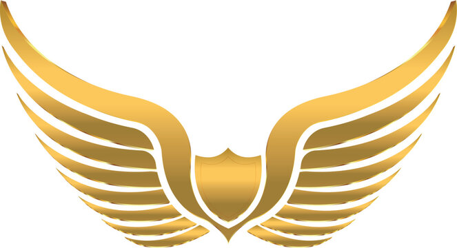 A superhero emblem featuring golden angel wings, symbolizing strength and freedom. Its 3D metallic feathers form a pair of outstretched wings with sharp tips. Ideal for heroes, fantasy characters