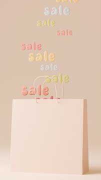 Vertical 3D shopping bag sale typography discount summer spring easter, percent promo offer loop animation, banner template mockup poster flyer background copyspace, modern pastel label sticker