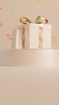 Vertical 3D shopping bag gift box sale discount percent, banner template mockup poster flyer copyspace loop animation, spring easter summer podium showcase display ribbon, retail marketing campaign