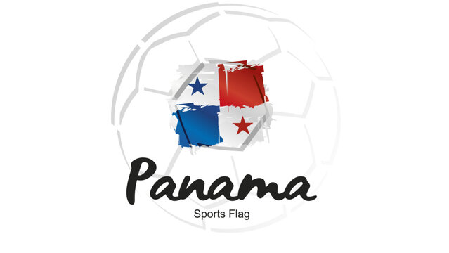Abstract soccer ball sport icon label banner with Panama national flag ribbon handwritten typography lettering