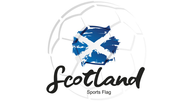 Abstract soccer ball sport icon label banner with Scotland national flag ribbon handwritten typography lettering