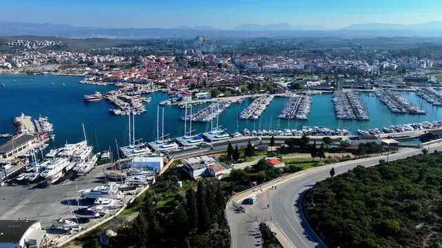 Aerial Drone View of Teos Marina and Sigacik Coastal Town in Izmir, Turkey &ndash; Aegean Sea Harbor and Scenic Village 4K