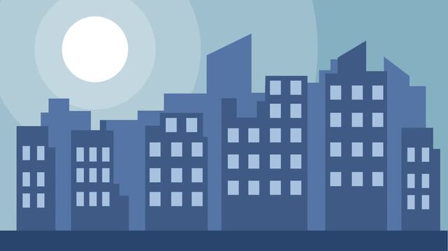 A minimalist urban city skyline silhouette at night, with a prominent full moon over various buildings.