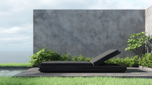 Modern outdoor chaise lounge against concrete wall with foliage