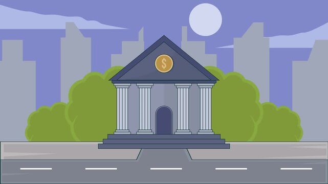 An iconic classic bank building, featuring grand columns and a dollar sign emblem, representing financial security.