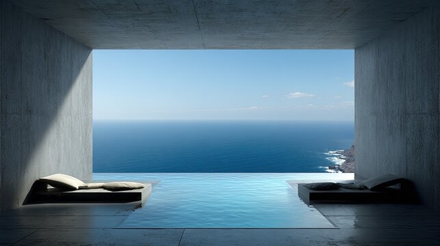 Modern poolside lounge overlooking tranquil ocean on a clear day