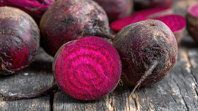 Freshly harvested, earthy root vegetables display vibrant magenta color when sliced open
