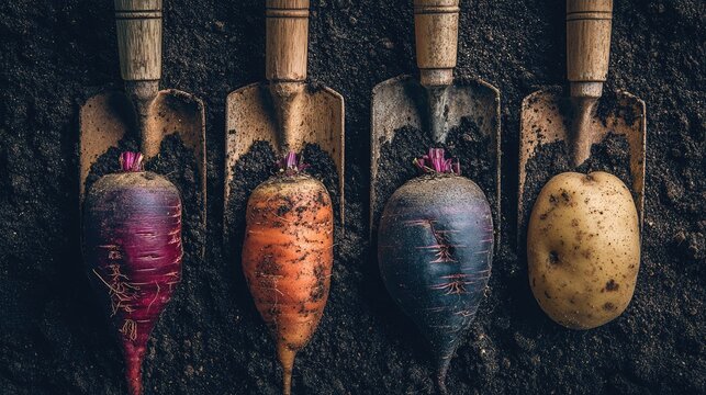 Freshly harvested root vegetables and a tuber are displayed across dark soil beside digging implements.