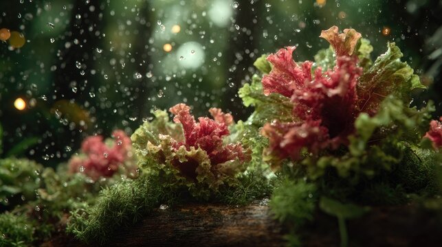 Raindrops fall gently onto vibrant ornamental cabbage leaves growing amidst dark green moss.