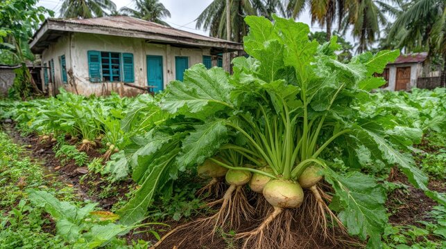 Large green leafy root vegetables growing vigorously in a field near a modest dwelling