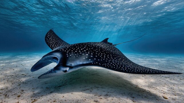 Underwater shot of a spotted eagle ray swimming in clear blue water