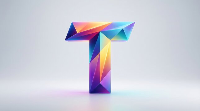 A colorful geometric shaped letter T stands alone on a plain background