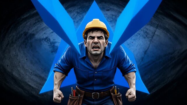 Angry male construction worker in a yellow hard hat and tool belt clenching his fists and yelling in frustration against a dark abstract background with sharp blue geometric shapes.