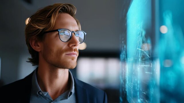 Focused professional studies advanced analytics and digital graphs on a virtual interface, reflecting modern data driven decision making. Smart office environment highlights innovation and leadership