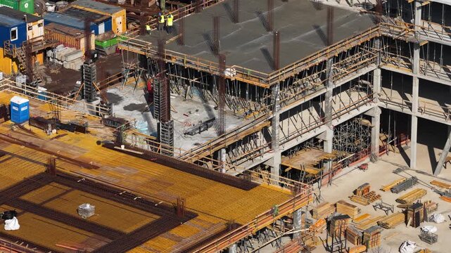 Top-down drone shot of a construction site showing yellow formwork panels, steel reinforcement bars, and organized materials on a concrete slab in active building development.