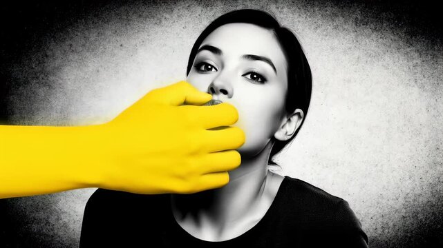 Conceptual black and white portrait of a distressed woman being silenced as a giant bright yellow hand forcefully covers her mouth, symbolizing censorship, oppression, and fear.