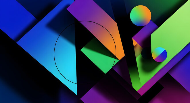 Abstract Geometric 3D Shapes Background with Vibrant Gradient Overlapping Layers and Spheres