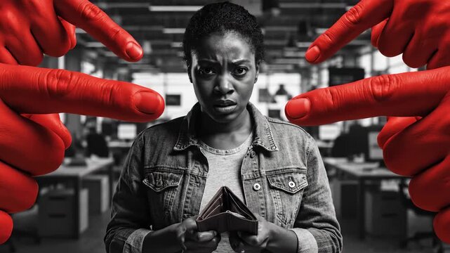 Concept of financial debt and social judgment with a stressed African American woman holding an empty wallet while giant red hands point at her in a black and white office setting.
