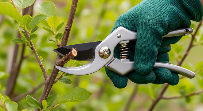 Gardener pruning shrub with green gloves and shears