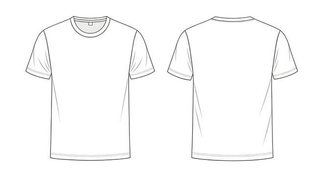 Blank Crew Neck T-Shirt Template Front and Back View Line Art Vector Illustration