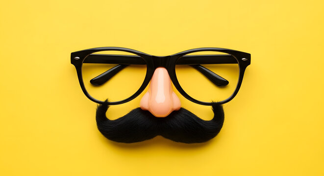 funny face with glasses and mustache on yellow background - Generative AI illustration.