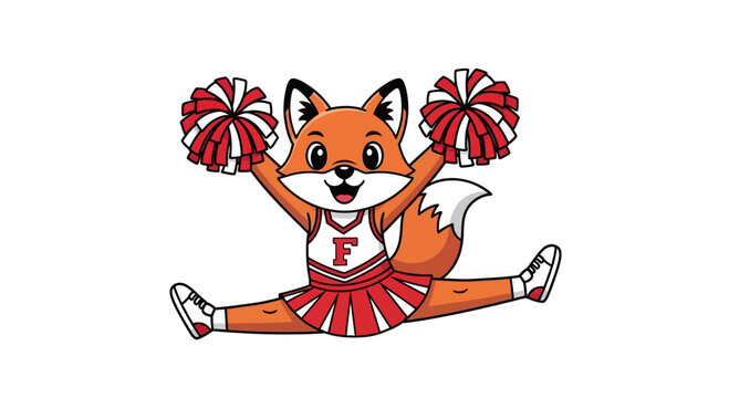 Cute cartoon fox cheerleader performing a split with pom-poms.
