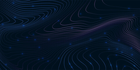 Futuristic contour lines with glowing nodes forming abstract data landscape. Concept of digital communication, data mapping, and intelligent systems for tech backgrounds and interfaces. © LariBat