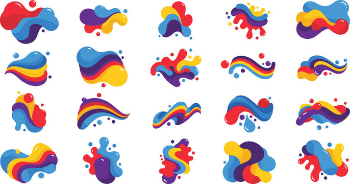 Abstract collection of colorful liquid shapes featuring vibrant blue red and yellow fluid splashes organic wavy blobs and dynamic paint drop elements for modern creative design.