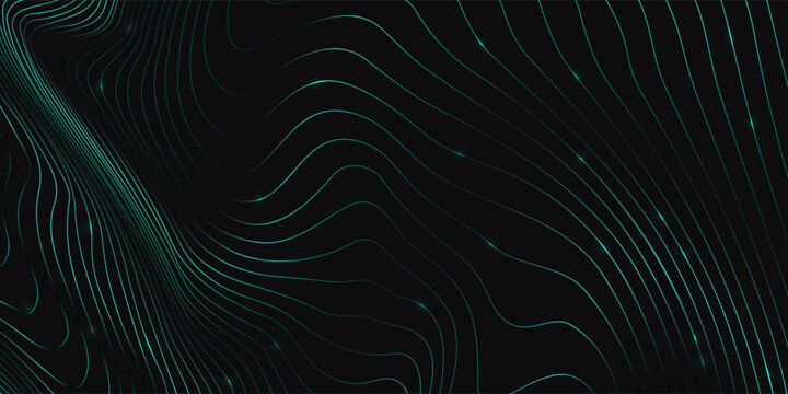 Glowing, flowing lines in shades of green against dark background. Abstract background for advertising campaigns, digital interfaces and data visualisation or eco analytics and innovation. Copy space