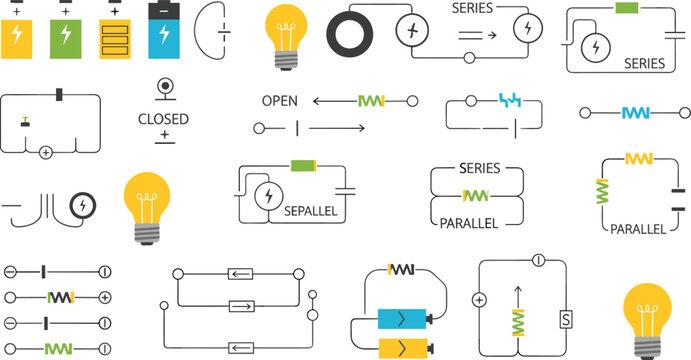 Educational collection of electrical circuit diagrams featuring battery icons, light bulbs, series and parallel connections, resistors, switches, and power supply symbols for physics science.
