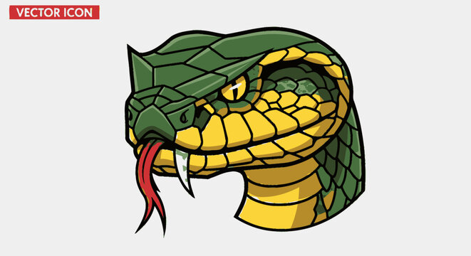 Green snake head with fangs.