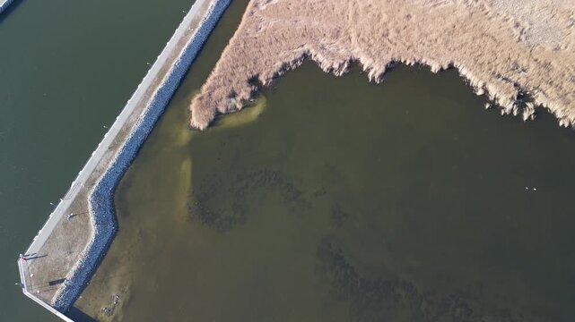 Mierzeja Wiślana - Polska - port i przekop Mierzei żeby statki mogły wpływać na zalew nagrane dronem. Kanał, plaża, morze, śluza, statki