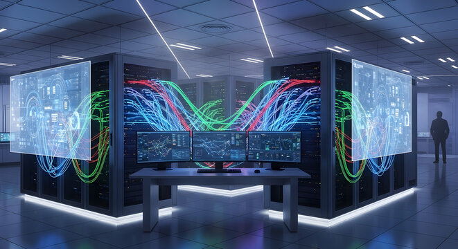Futuristic data center with glowing network cables, multiple monitors displaying complex data, and a silhouette of a person observing the advanced technological infrastructure.