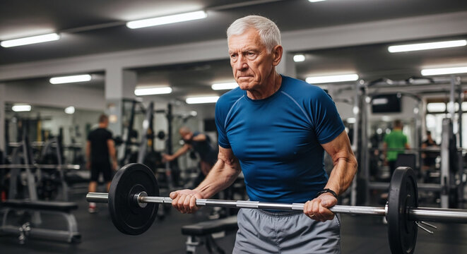 Elderly man lifting barbell while exercising in gym with equipment  