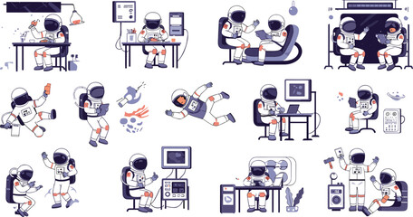Set of astronaut character icons performing various activities like working at desk eating and floating in zero gravity for space mission vector concepts © Sreemotimadhobi
