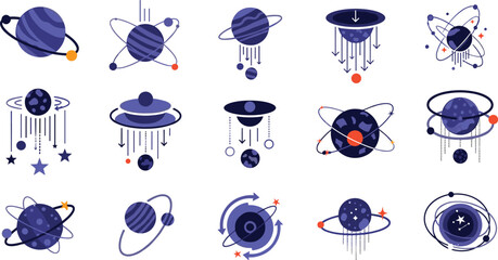 Set of flat planet icons featuring celestial bodies with orbital rings, gravitational pull arrows, distant stars, and galaxy orbit paths for space exploration science infographics. © Sreemotimadhobi