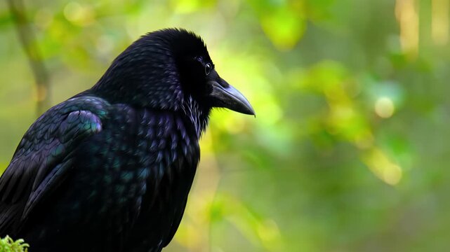 majestic raven-black crow, intelligent and iridescent, in ecu on mossy branch, deep forest. direct eye contact, head swivel, creamy bokeh, golden hour light. concept of naturalistic wildlife beauty