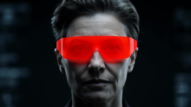 Cinematic Close-up of a Mature Woman Wearing Glowing Neon Orange Sci-Fi Visor Glasses in a Dark Futuristic Setting, High-Tech Cyberpunk Artificial Intelligence Concept