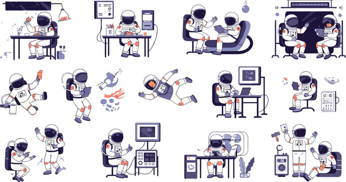 Set of astronaut character icons performing various activities like working at desk eating and floating in zero gravity for space mission vector concepts