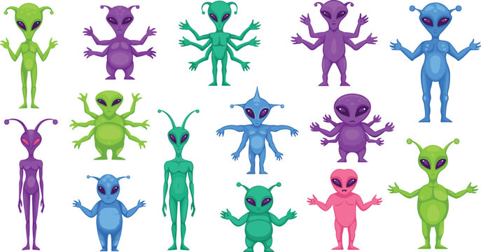 Set of colorful alien character vectors and extraterrestrial creature illustrations with multiple arms and unique features for science fiction gaming and fantasy design projects.