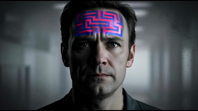 Distressed man with a glowing red and blue neon maze tattoo on his forehead winces in pain and looks around in confusion, symbolizing mental struggle, mind control, or a dark future.