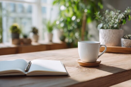 Cozy morning scene with coffee, notebook, and plants.