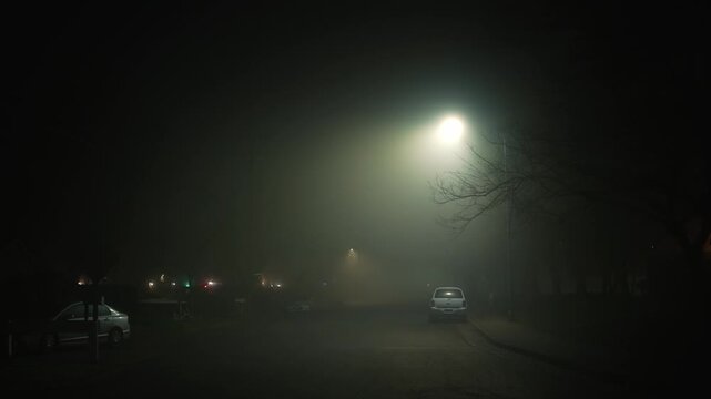 Empty residential street at night covered in dense fog, where the bright glow of a street light diffuses through the mist, illuminating parked cars and tree branches, creating an atmosphere of silence