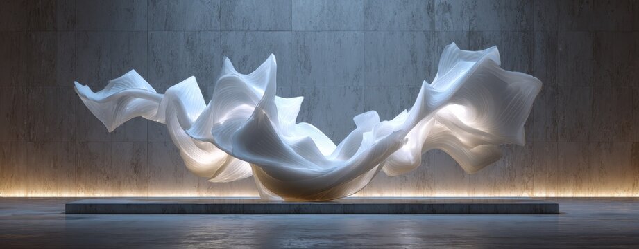 White fabric sculpture displays elegant artistic form artistic display features flowing textile in sculptural shape