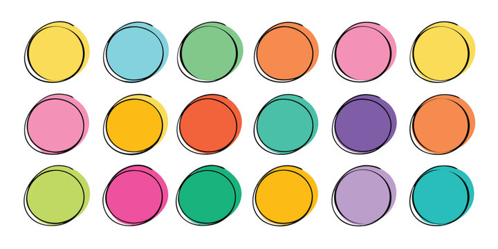 A collection of vibrant hand-drawn outlined circles in various bright colors.