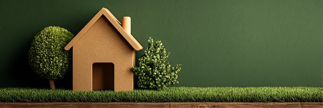 Eco-friendly wooden house model on green grass with trees representing sustainable living, real estate investment, property mortgage, and environmental home ownership concept.
